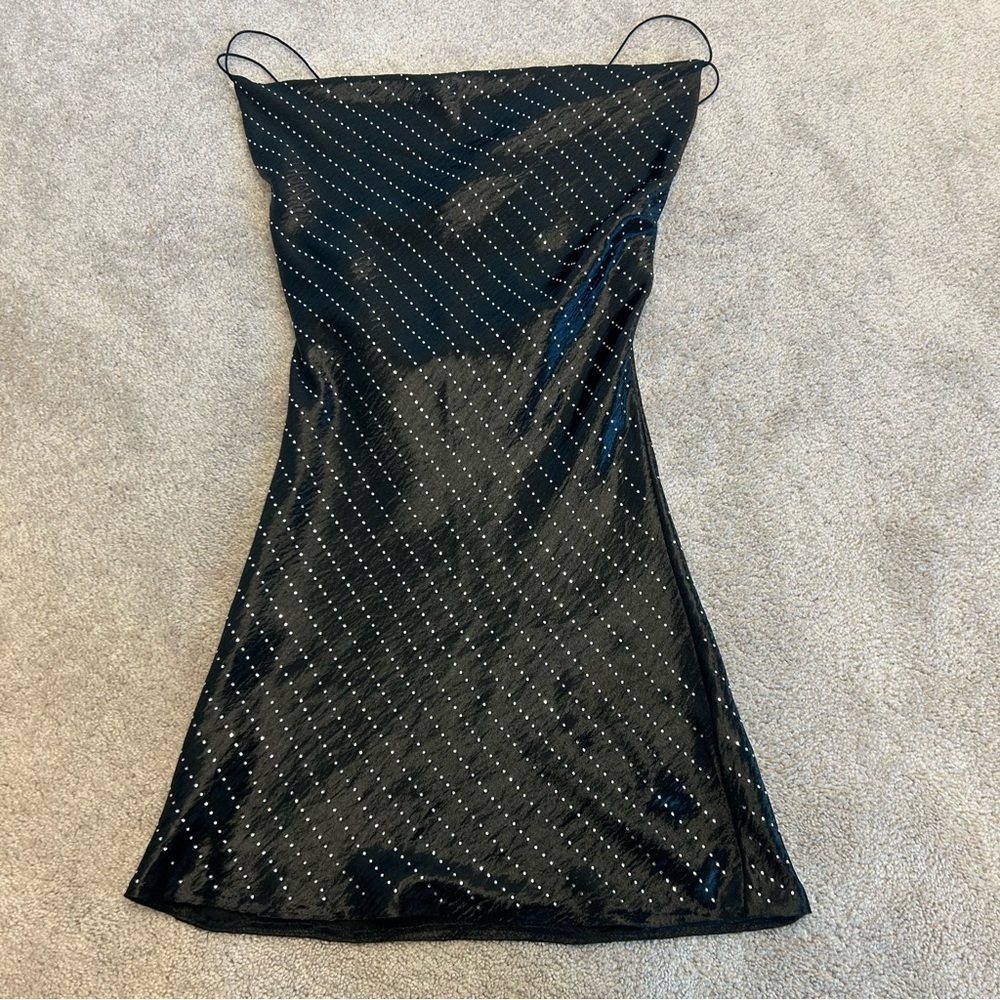 Zara Black satin effect crystal rhinestone jewelled cowl neck mini slip dress M - Picture 7 of 16